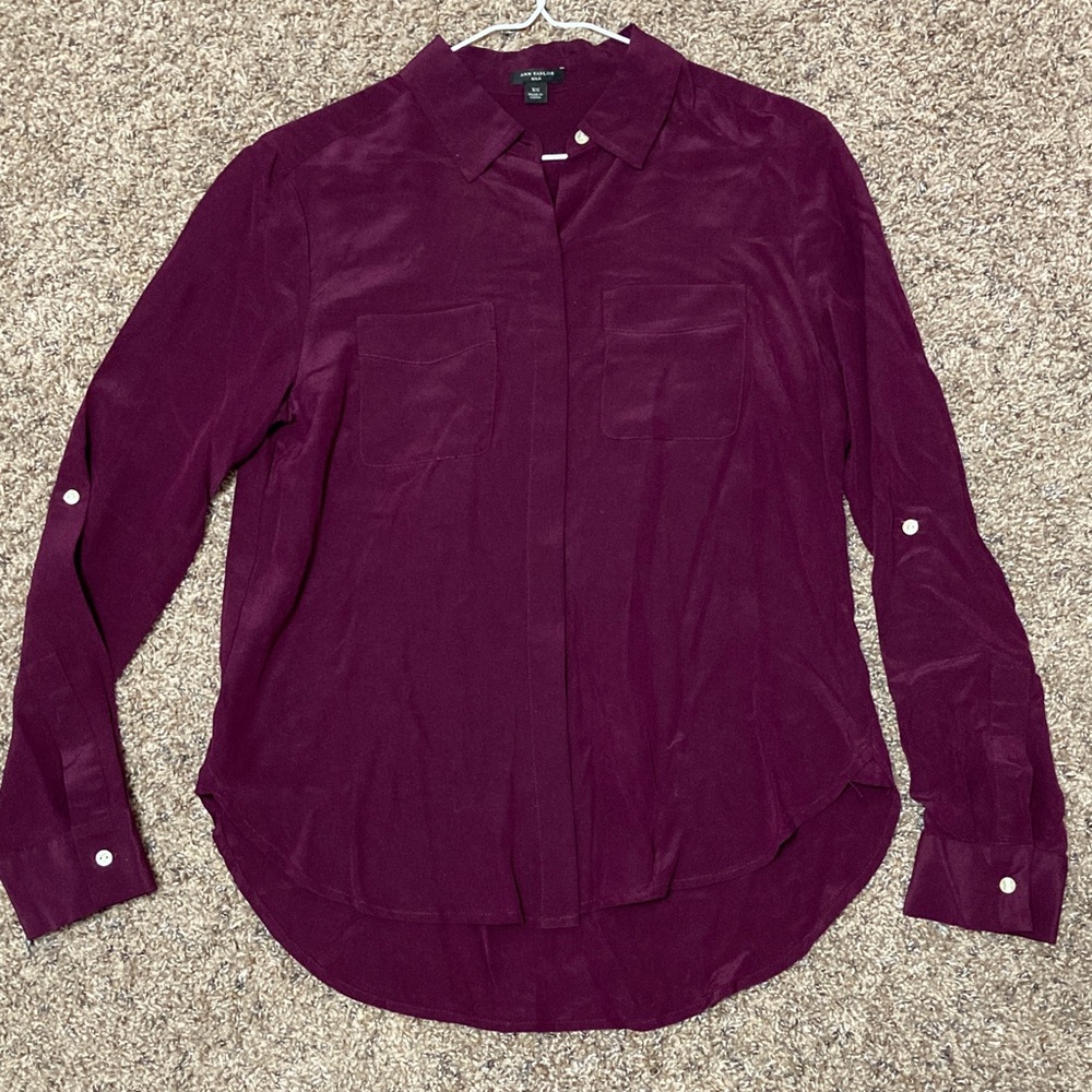 Ann Taylor Plum Silk Button-Down Shirt